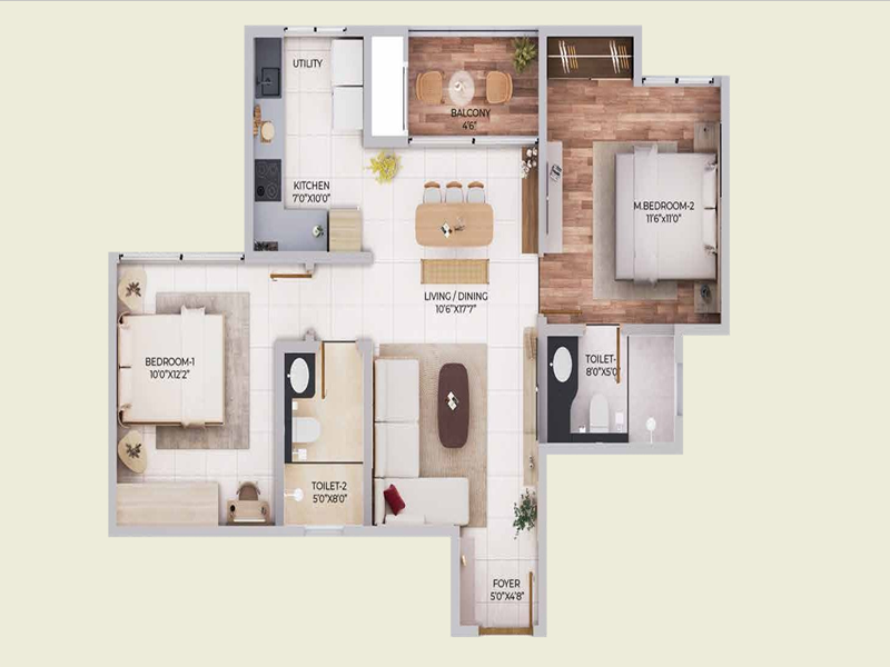 Featured Image of Purva Northern Lights 2 BHK 1097 Sq Ft Floor Plan