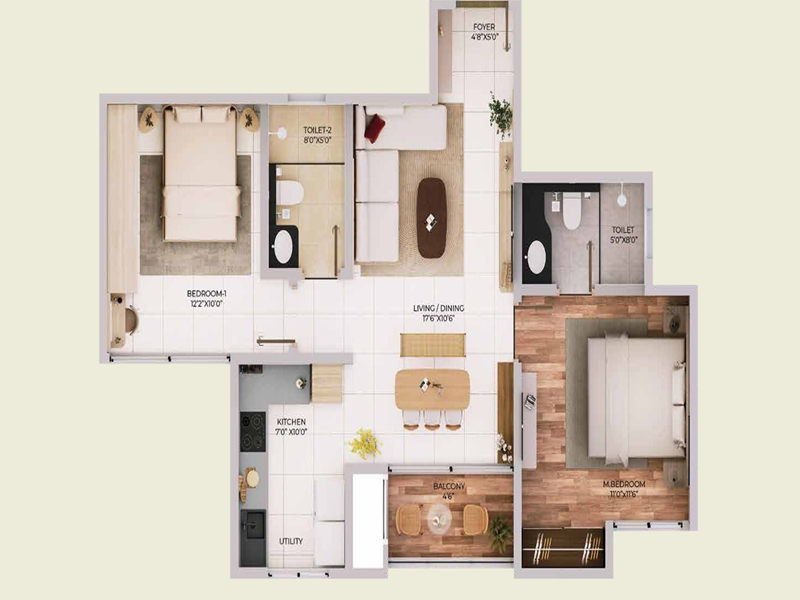 Featured Image of Purva Northern Lights 2 BHK 1104 Sq Ft Floor Plan
