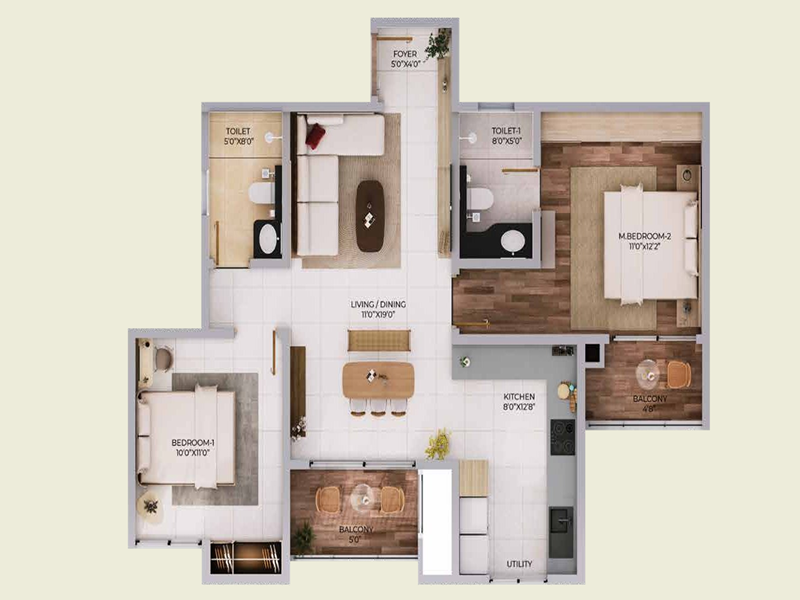 Featured Image of Purva Northern Lights 2 BHK 1275 Sq Ft Floor Plan