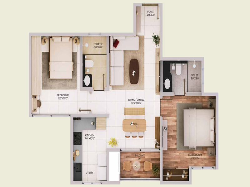 Featured Image of Purva Northern Lights 2 BHK 1326 Sq Ft Floor Plan