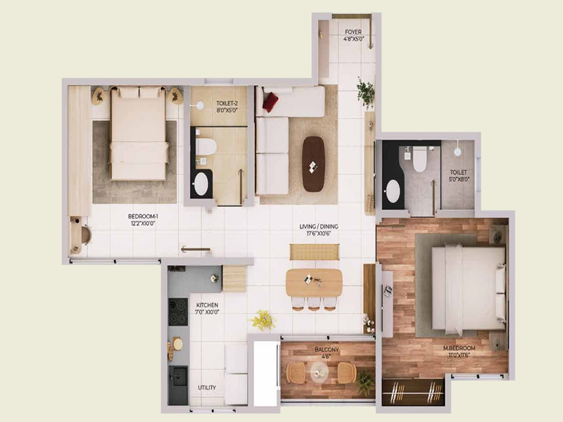 Featured Image of Purva Northern Lights 2 BHK 1336 Sq Ft Floor Plan