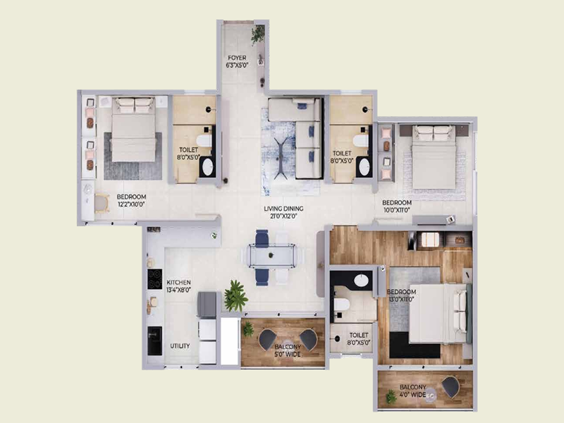 Featured Image of Purva Northern Lights 3 BHK 1686 Sq Ft Floor Plan