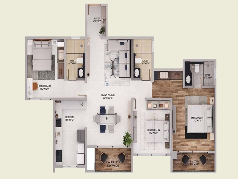 Featured Image of Purva Northern Lights 3 BHK 1736 Sq Ft Floor Plan