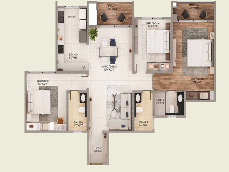 Featured Image of Purva Northern Lights 3 BHK 1765 Sq Ft Floor Plan