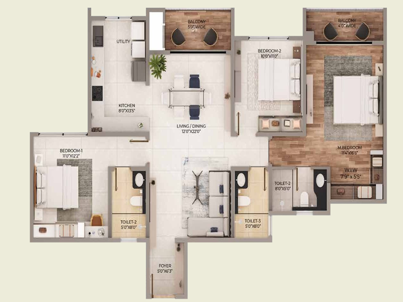 Featured Image of Purva Northern Lights 3 BHK 1791 Sq Ft Floor Plan
