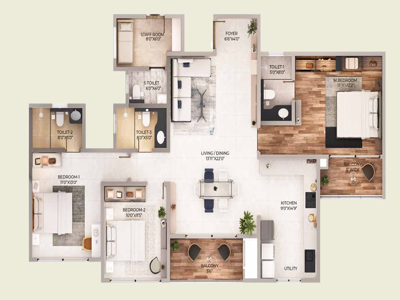 Featured Image of Purva Northern Lights 3 BHK 1886 Sq Ft Floor Plan