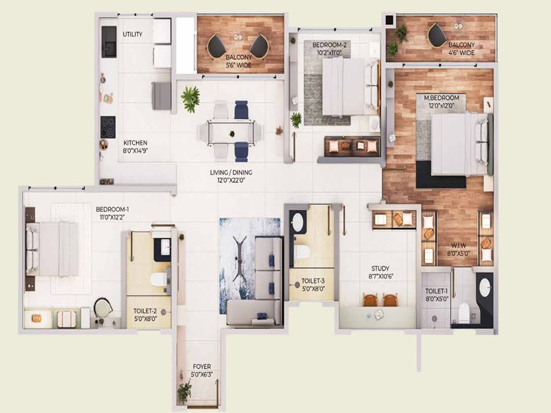 Featured Image of Purva Northern Lights 3 BHK 1962 Sq Ft Floor Plan