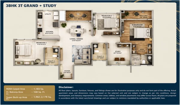 Featured Image of Purva Northern Lights 3 Bhk 3t Grand Study Full Floor Plan