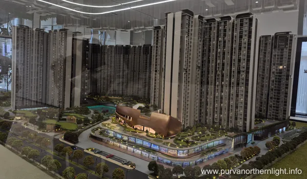 Close-up of a miniature tower from the Purva Northern Lights project, showcasing the modern architectural facade, balcony structures, and the verticality of the 31-floor building.